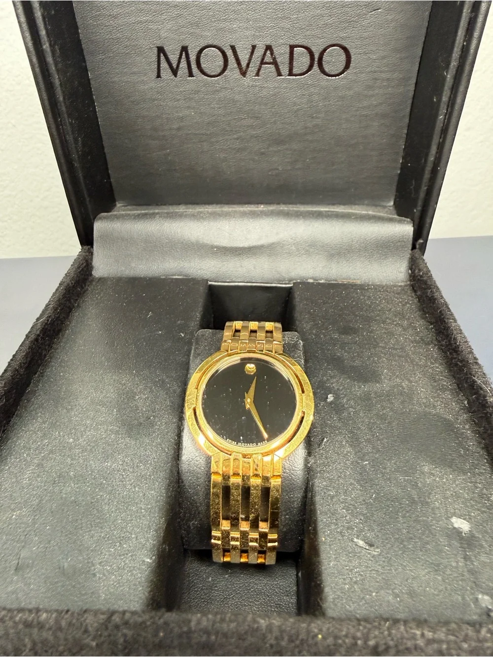 Movado Gold and Black Museum Dial Watch in Presentation Box